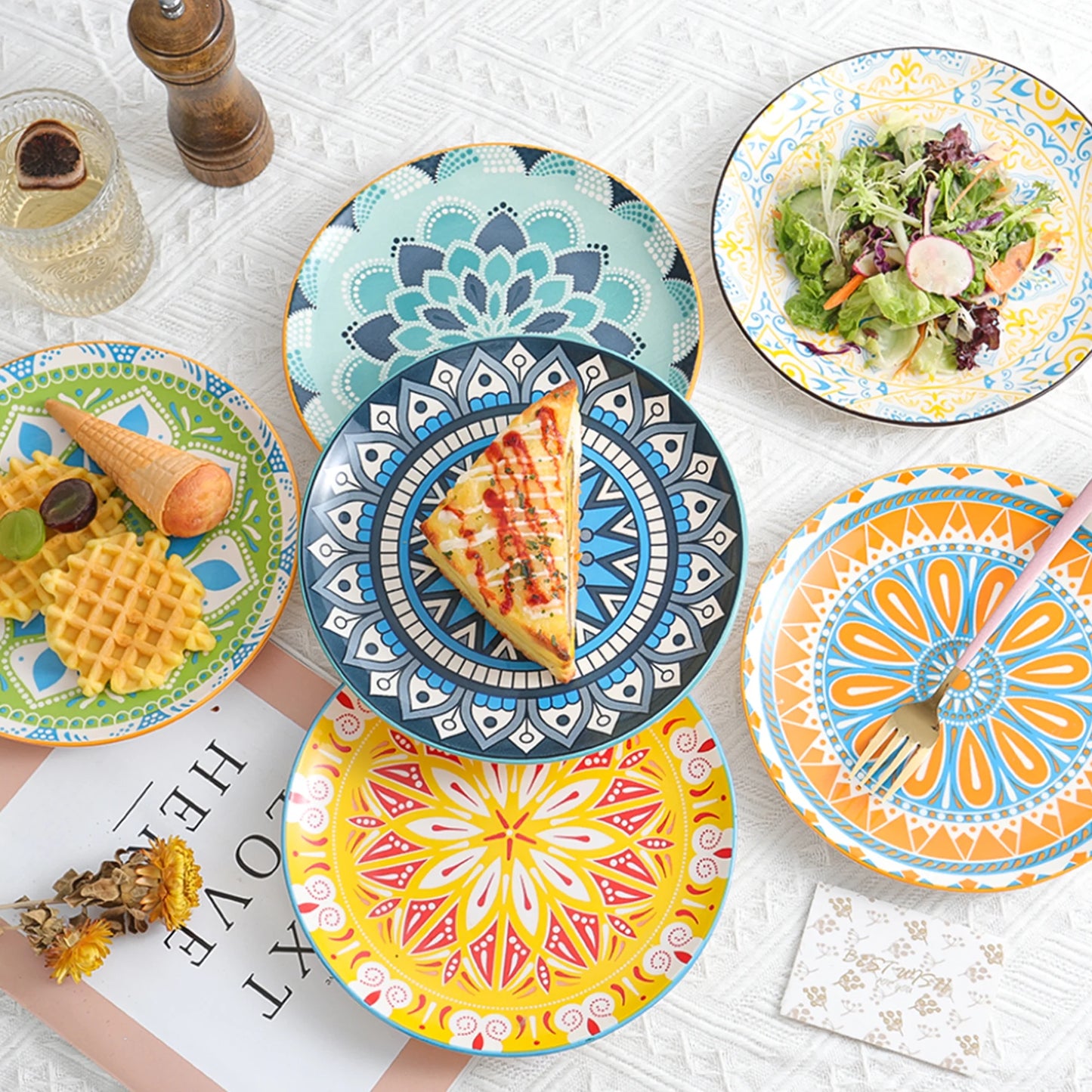 Multicolor round Porcelain Plate Set 8 Inch - Salad Plates - Dessert Appetizer Plates - Set of 6