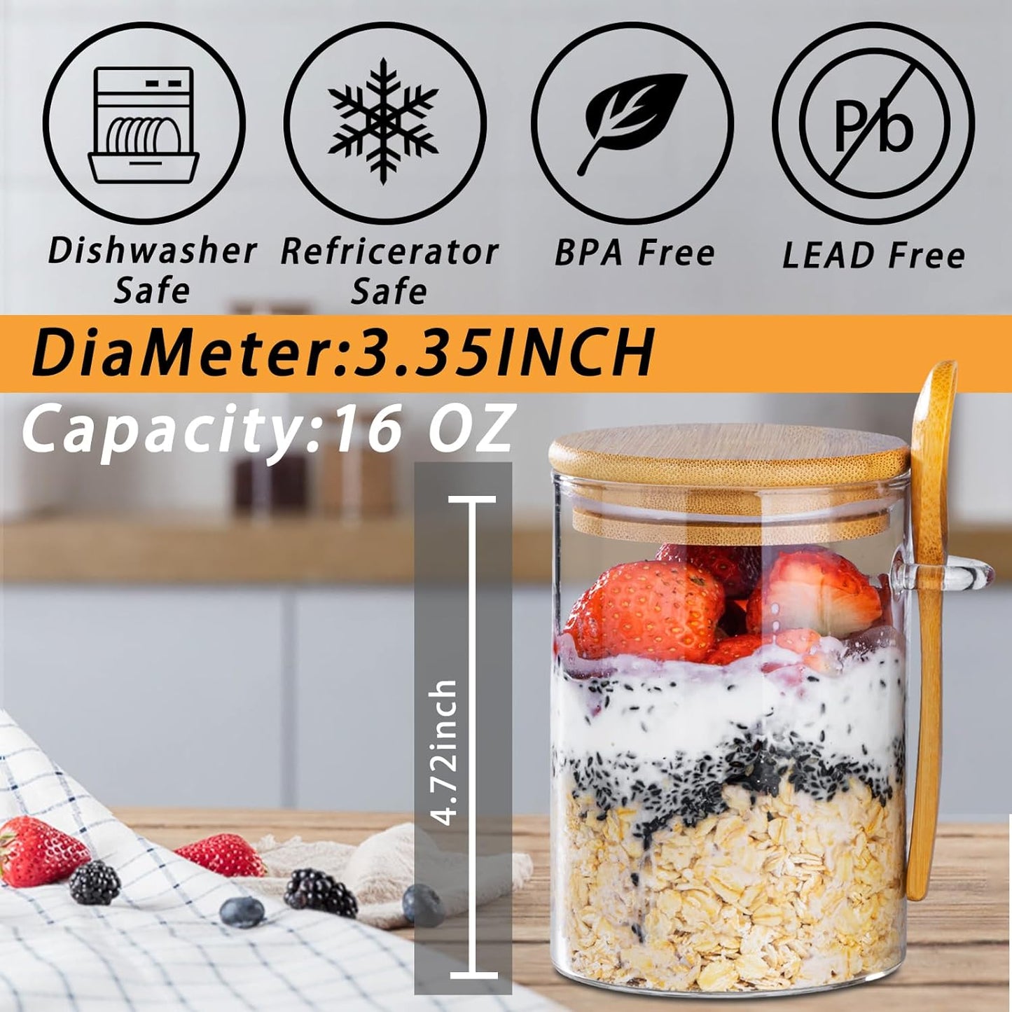 Overnight Oats Containers with Lids,16Oz Overnight Oats Jars 4 Pack, Oatmeal Cups,Meal Prep Containers,Glass Meal Prep Containers with Lids,China Pudding Jars