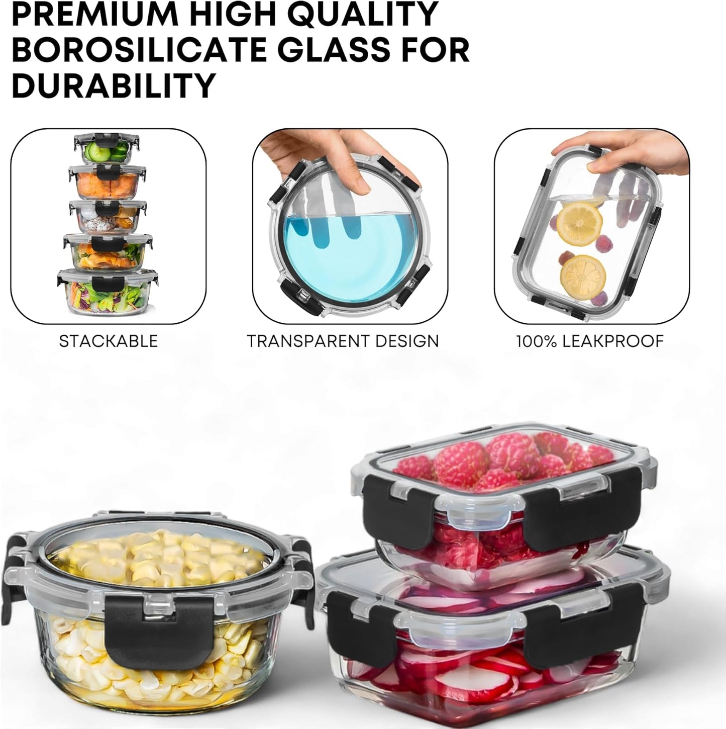 30 PC Glass Food Storage Containers with Lids - Reusable Glass Meal Prep Containers for Lunch and Leftovers - Airtight & Leakproof Snap Locking Lids - Oven, Freezer, Microwave, Dishwasher Safe