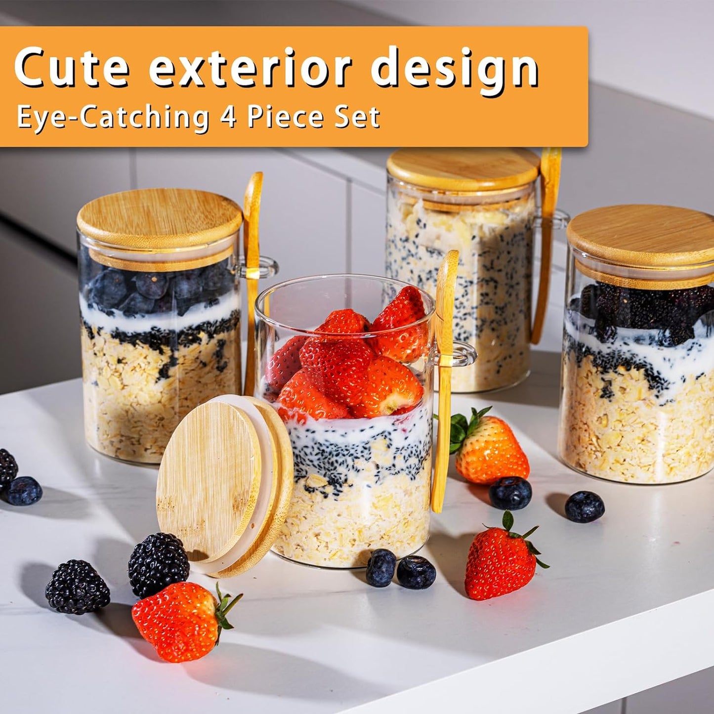 Overnight Oats Containers with Lids,16Oz Overnight Oats Jars 4 Pack, Oatmeal Cups,Meal Prep Containers,Glass Meal Prep Containers with Lids,China Pudding Jars