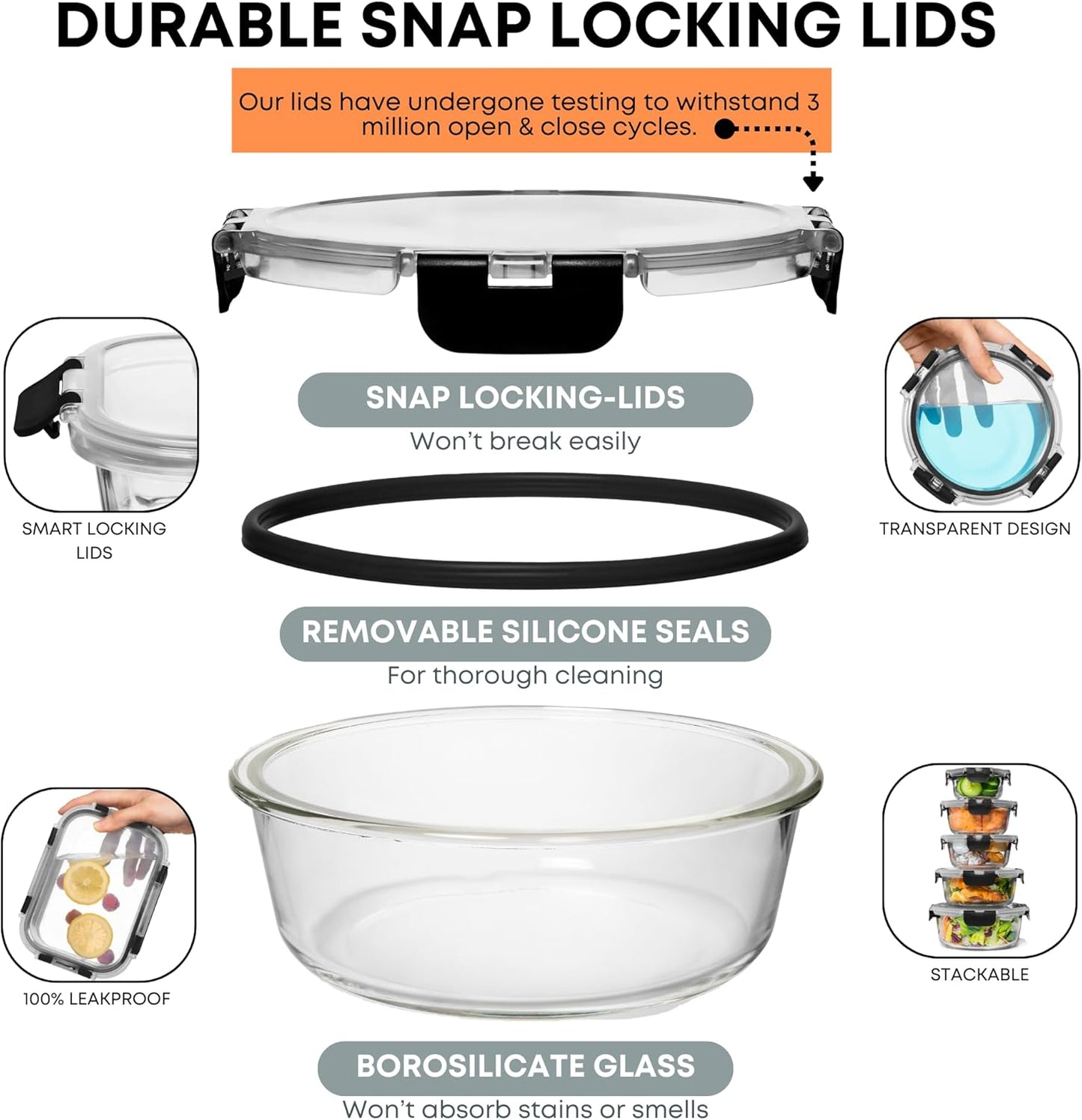 30 PC Glass Food Storage Containers with Lids - Reusable Glass Meal Prep Containers for Lunch and Leftovers - Airtight & Leakproof Snap Locking Lids - Oven, Freezer, Microwave, Dishwasher Safe