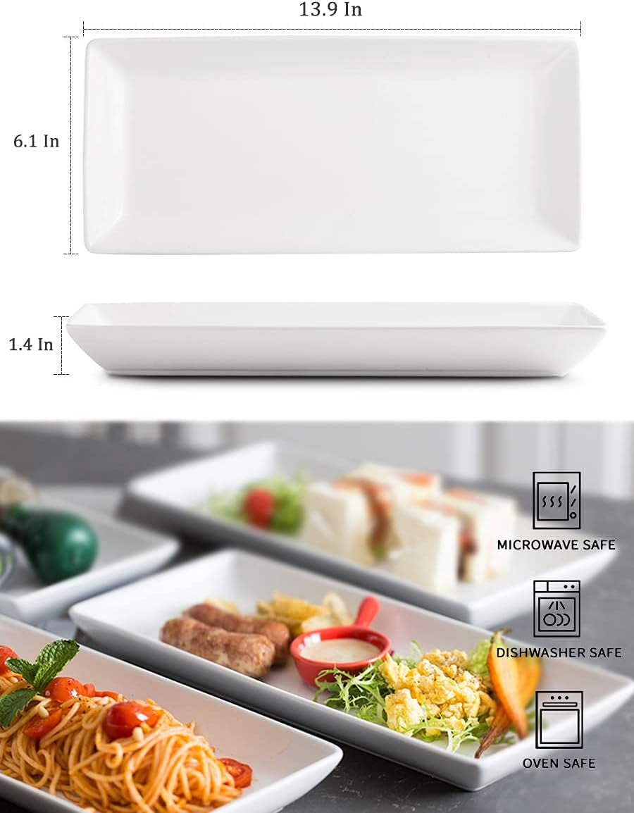 Serving Platters and Tray White Serving Dishes for Entertaining 14-Inch Large Rectangle Plates for Christmas, Porcelain Serving Trays for Steak, Taco, Sushi, Appetizer, Party, Set of 4