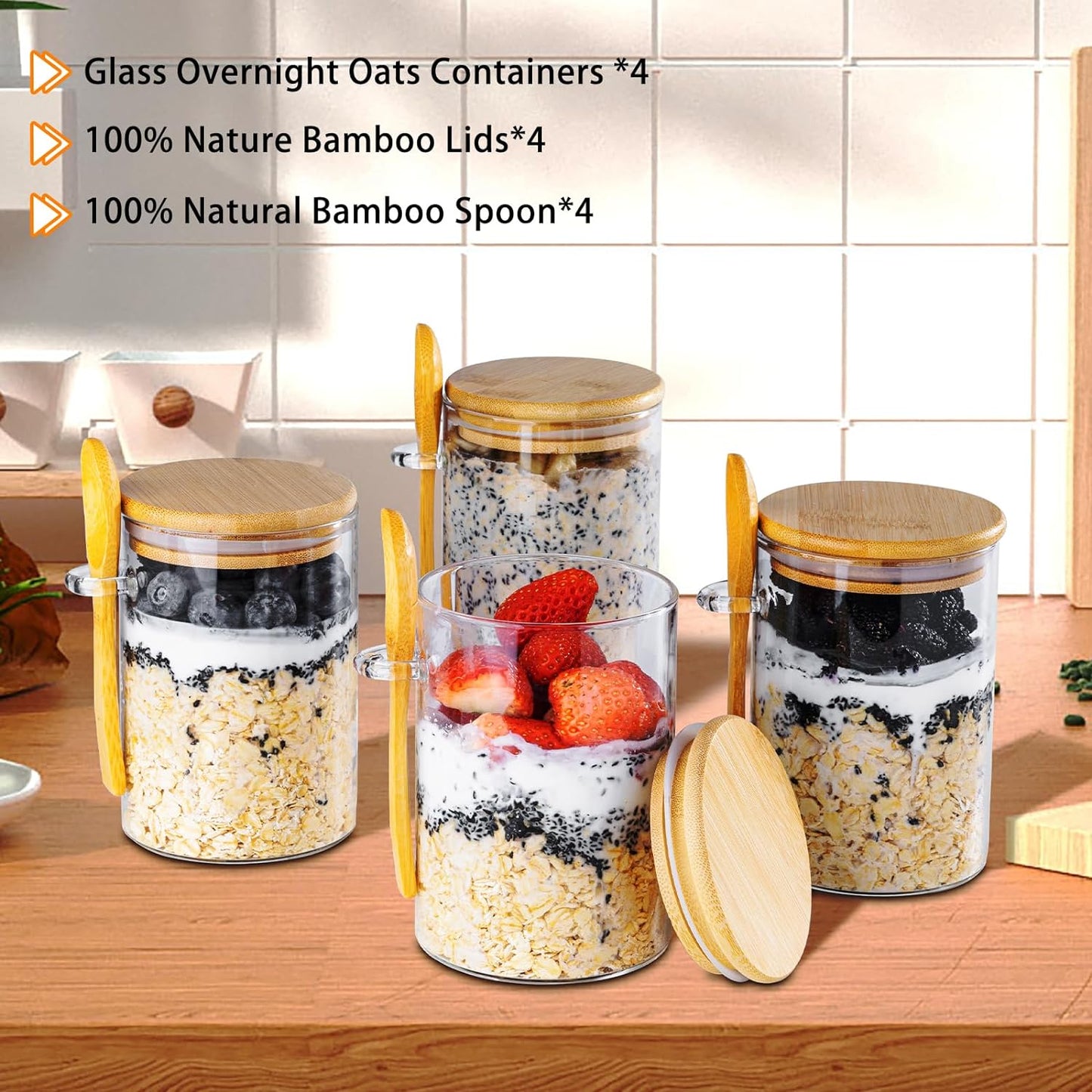 Overnight Oats Containers with Lids,16Oz Overnight Oats Jars 4 Pack, Oatmeal Cups,Meal Prep Containers,Glass Meal Prep Containers with Lids,China Pudding Jars