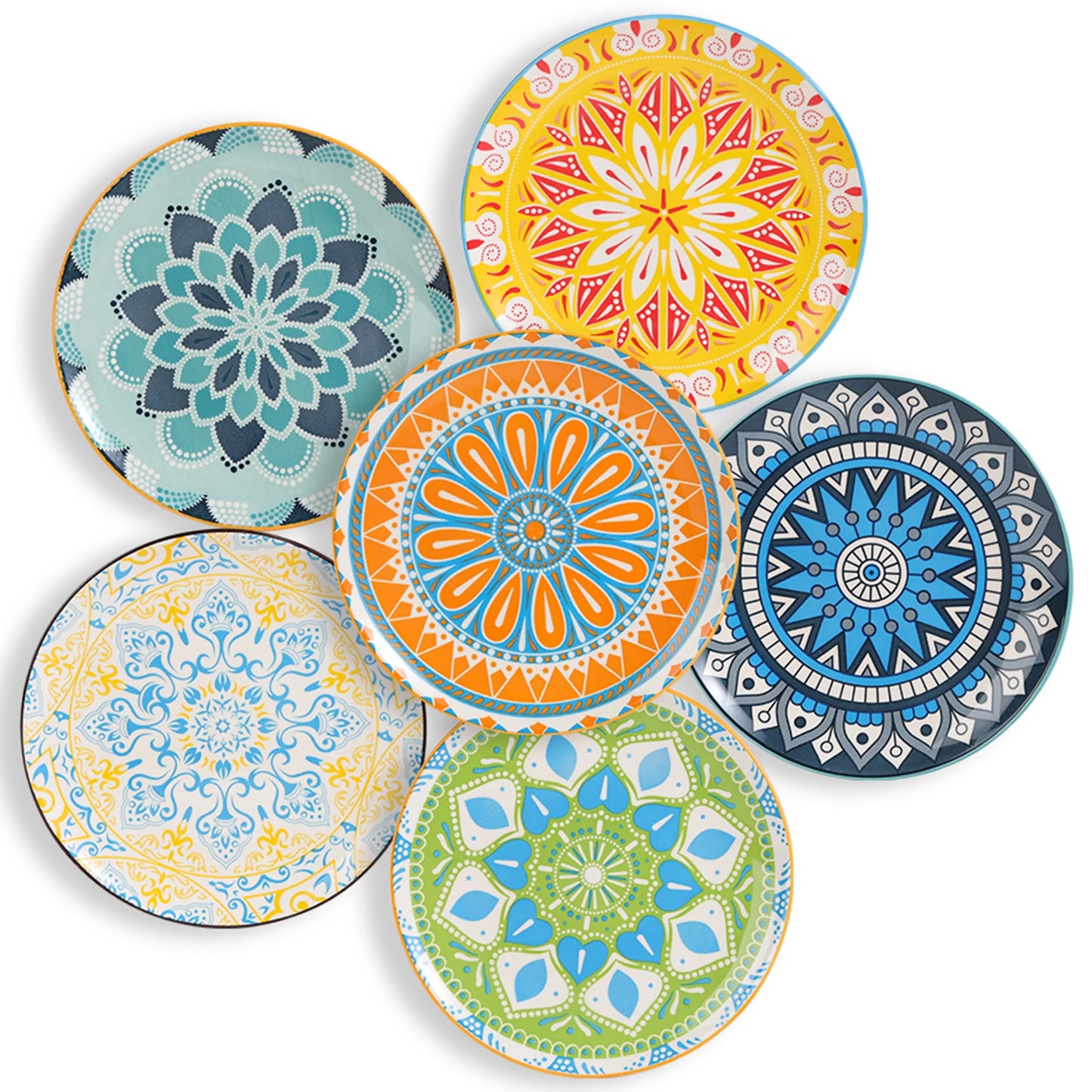 Multicolor round Porcelain Plate Set 8 Inch - Salad Plates - Dessert Appetizer Plates - Set of 6