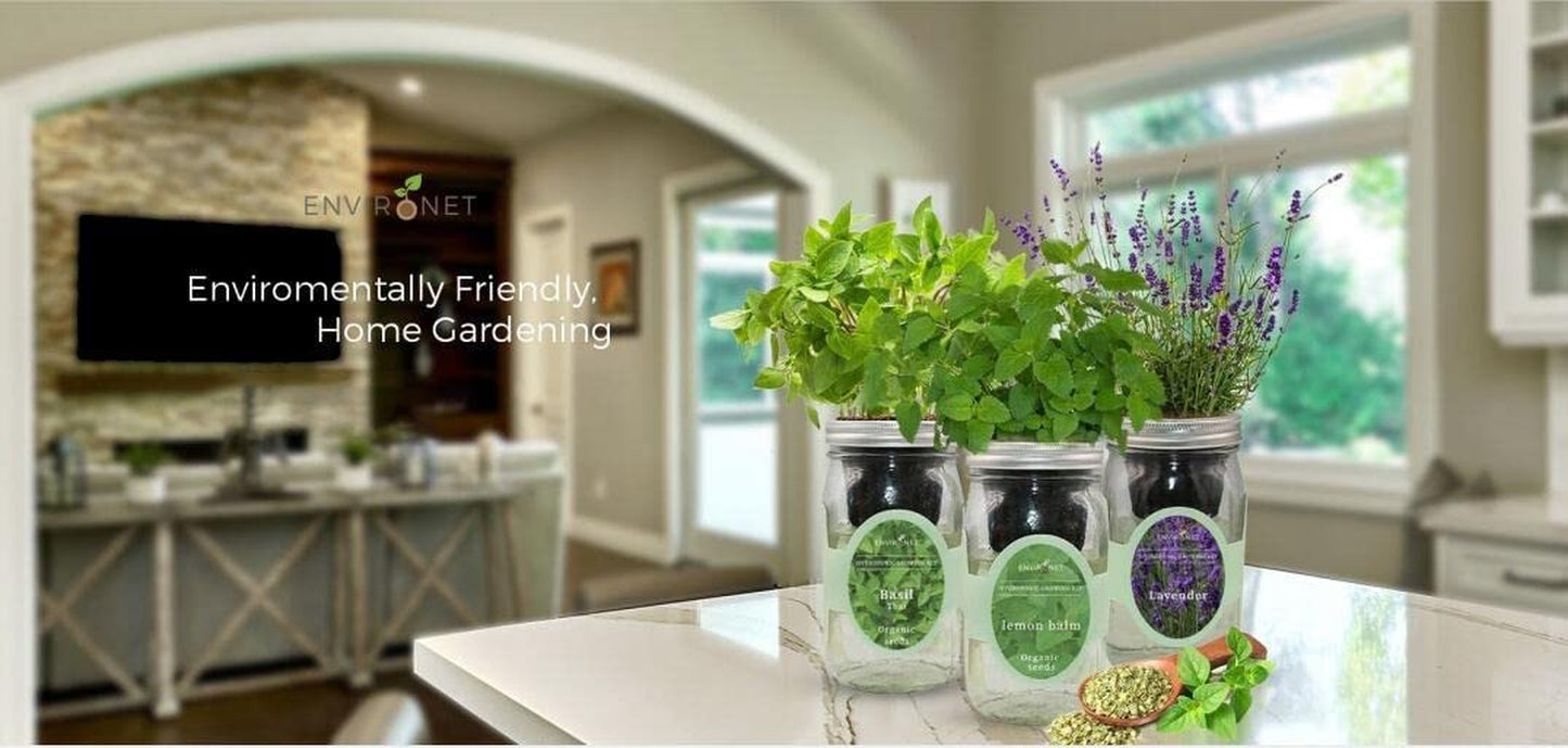 Hydroponic Herb Growing Kit Set, Self-Watering Mason Jar Herb Garden Starter Kit Indoor, Windowsill Herbs Garden, Grow Your Own Herbs from Organic Seeds (Basil, Dill, Chives)