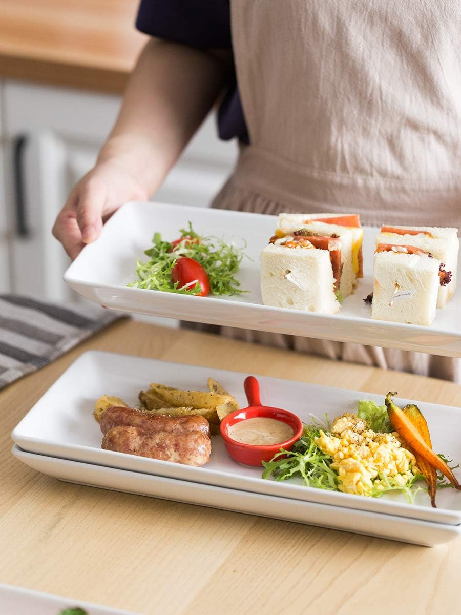 Serving Platters and Tray White Serving Dishes for Entertaining 14-Inch Large Rectangle Plates for Christmas, Porcelain Serving Trays for Steak, Taco, Sushi, Appetizer, Party, Set of 4
