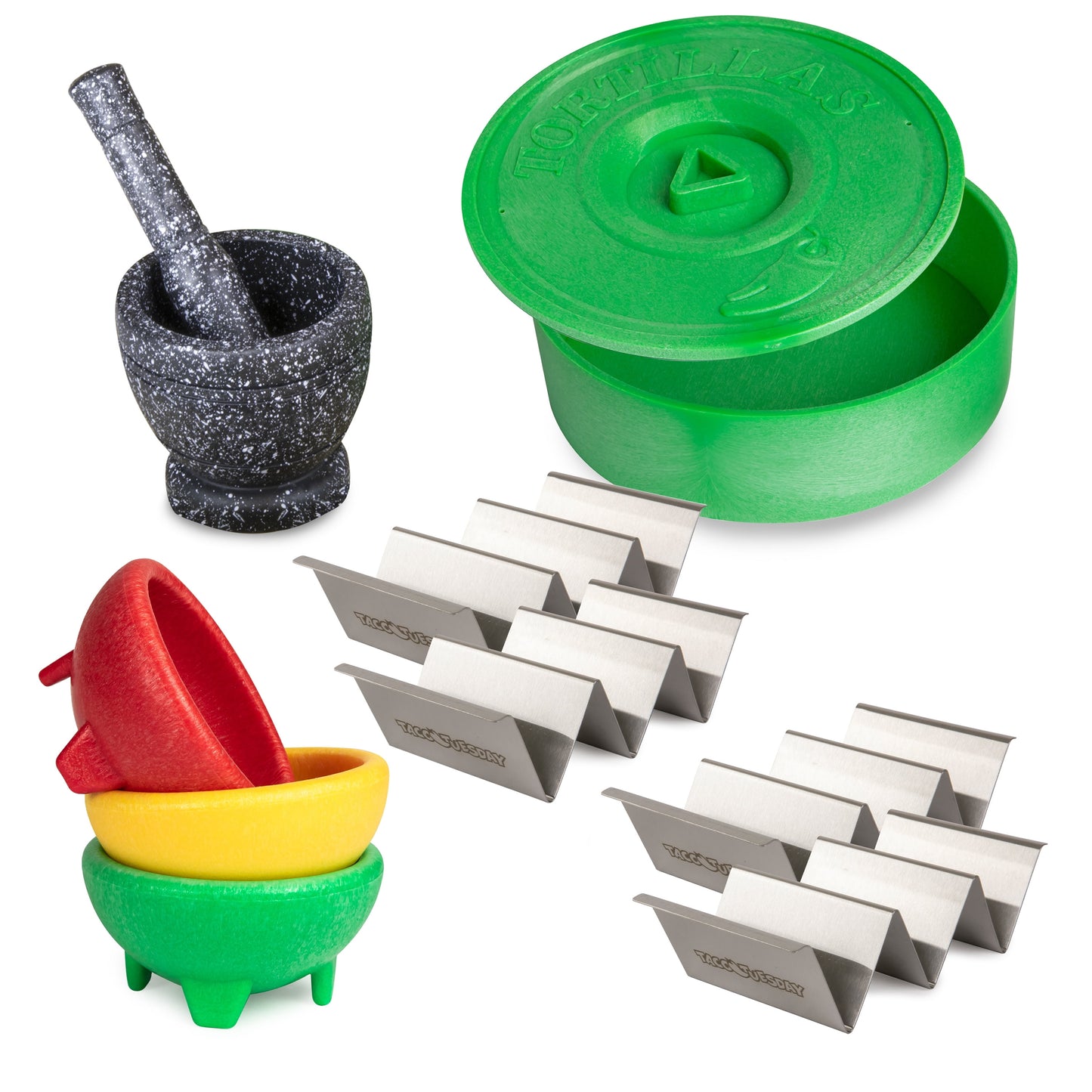 TTTK4 Taco Kit, Includes Tortilla Warmer, 3 Salsa Bowls, 4-Set Taco Shell Holders, Mortar & Pestle