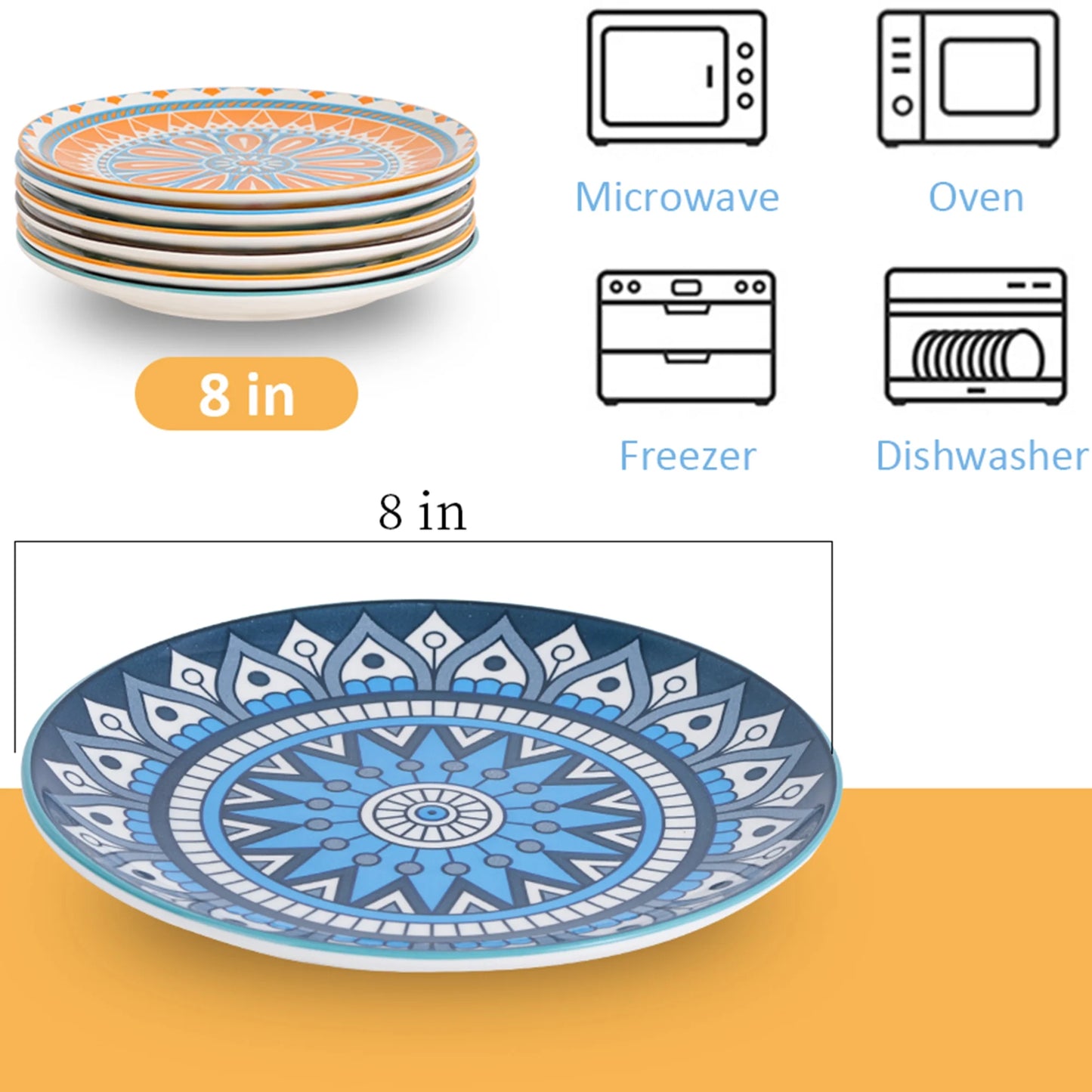Multicolor round Porcelain Plate Set 8 Inch - Salad Plates - Dessert Appetizer Plates - Set of 6