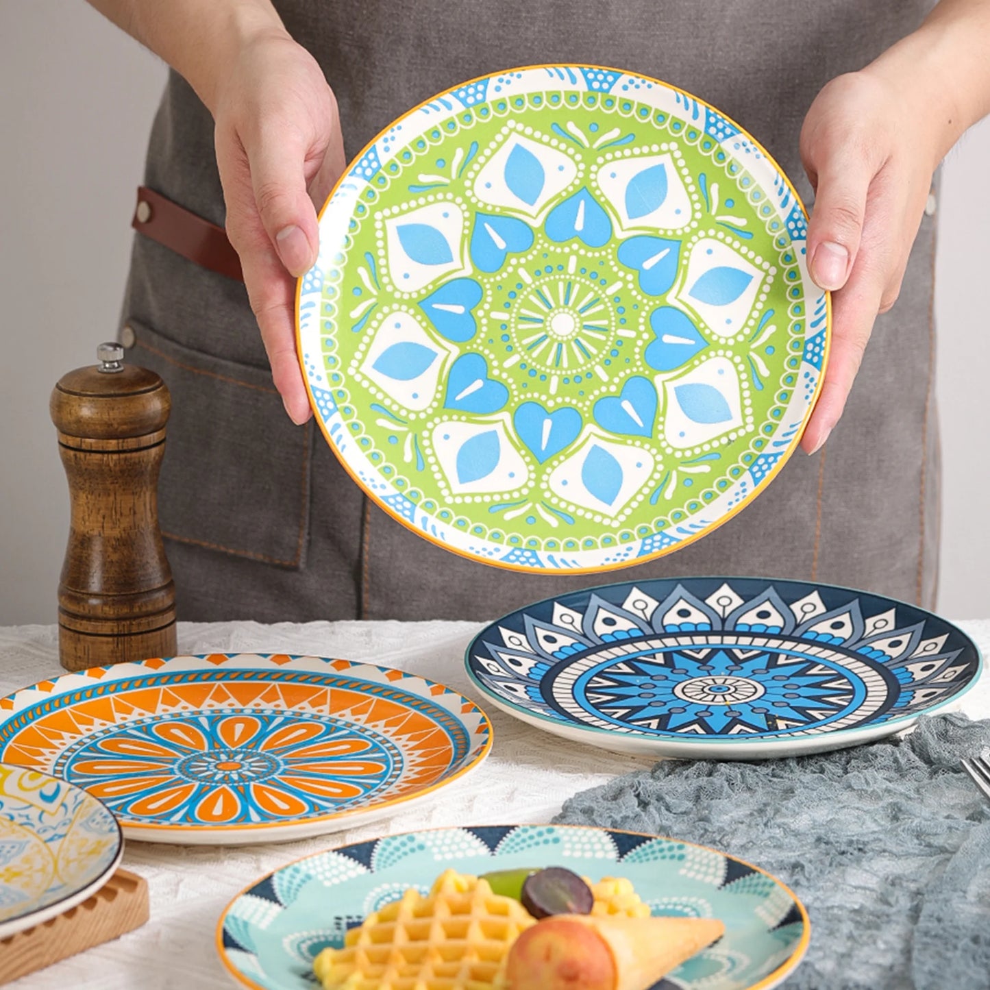 Multicolor round Porcelain Plate Set 8 Inch - Salad Plates - Dessert Appetizer Plates - Set of 6