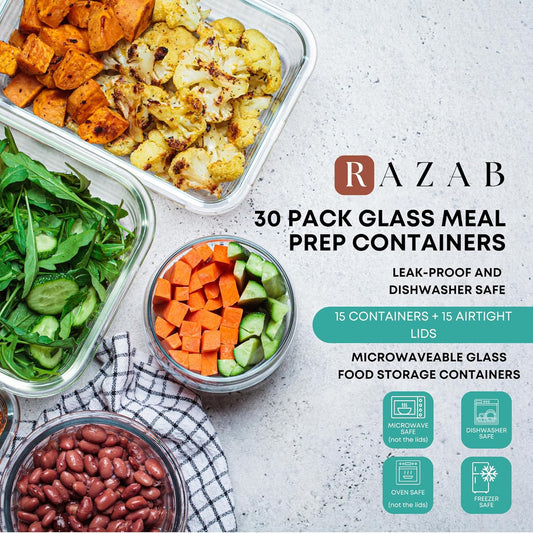 30 PC Glass Food Storage Containers with Lids - Reusable Glass Meal Prep Containers for Lunch and Leftovers - Airtight & Leakproof Snap Locking Lids - Oven, Freezer, Microwave, Dishwasher Safe