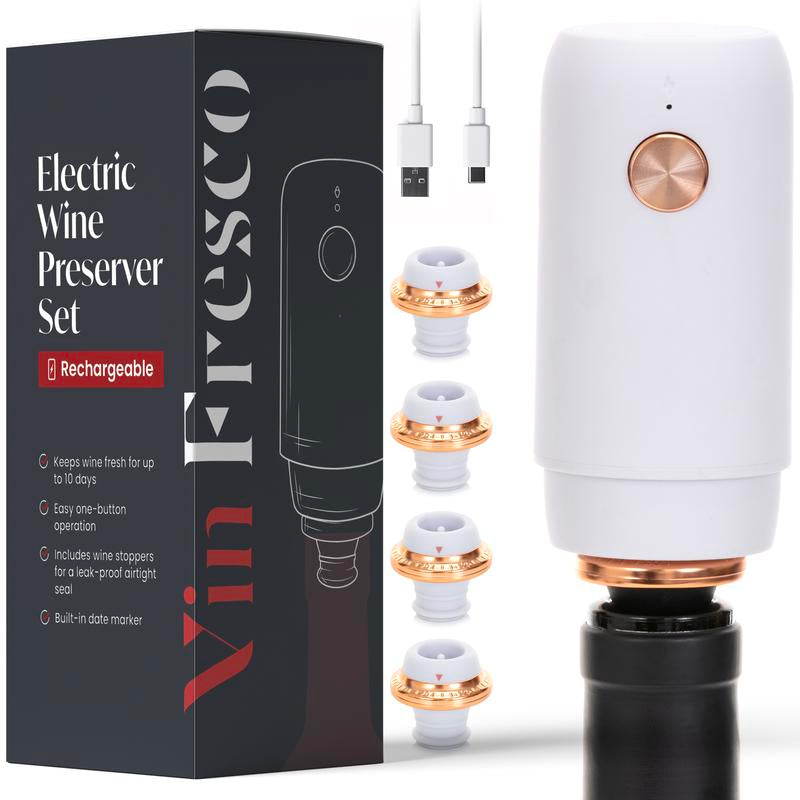 10-Day Electric Wine Preserver – Rechargeable Vacuum Pump with 4 Silicone Stoppers – Automatic Airtight Seal