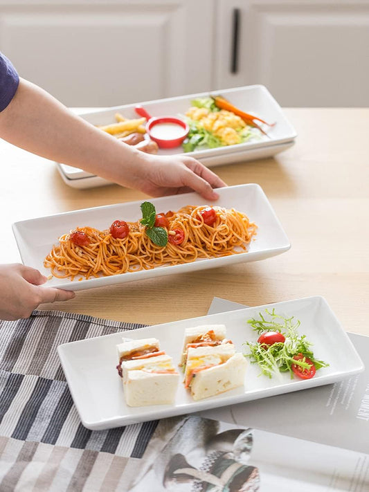 Serving Platters and Tray White Serving Dishes for Entertaining 14-Inch Large Rectangle Plates for Christmas, Porcelain Serving Trays for Steak, Taco, Sushi, Appetizer, Party, Set of 4