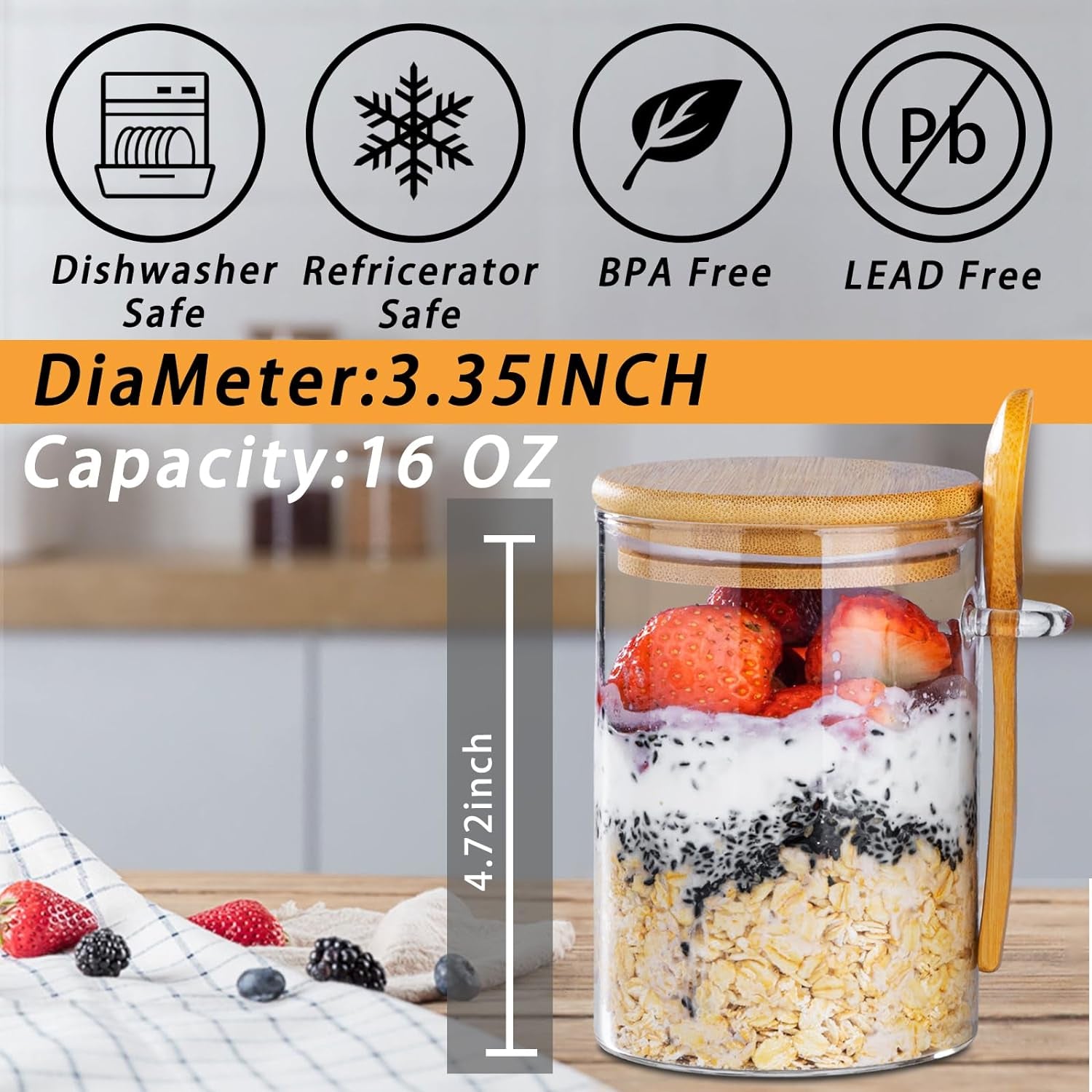 Overnight Oats Containers with Lids,16Oz Overnight Oats Jars 4 Pack, Oatmeal Cups,Meal Prep Containers,Glass Meal Prep Containers with Lids,China Pudding Jars