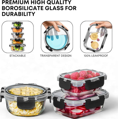 30 PC Glass Food Storage Containers with Lids - Reusable Glass Meal Prep Containers for Lunch and Leftovers - Airtight & Leakproof Snap Locking Lids - Oven, Freezer, Microwave, Dishwasher Safe