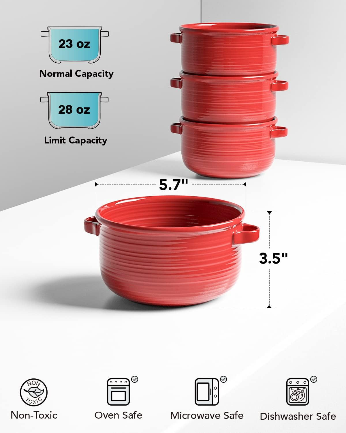 Soup Bowls with Handles - 28 Oz Lead-Free Ceramic French Onion Crocks, Oven and Microwave Safe, Heat-Resistant Design, Stackable, Dishwasher Safe, Set of 4, Red