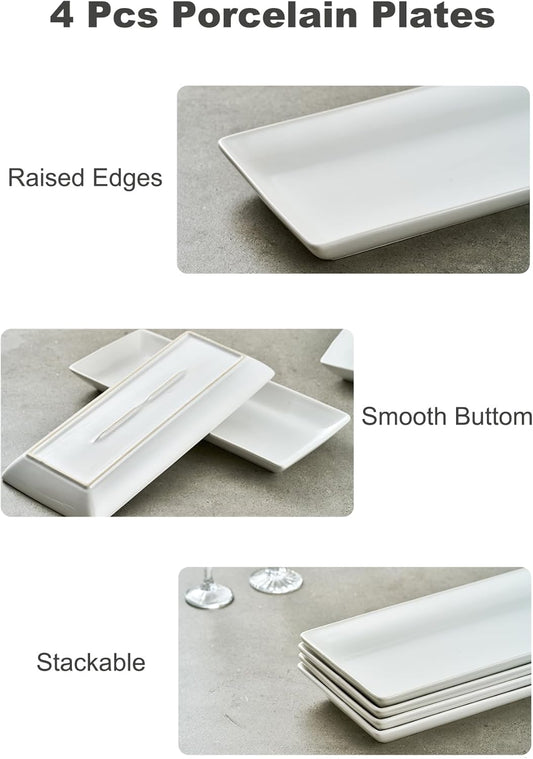 Serving Platters and Tray White Serving Dishes for Entertaining 14-Inch Large Rectangle Plates for Christmas, Porcelain Serving Trays for Steak, Taco, Sushi, Appetizer, Party, Set of 4