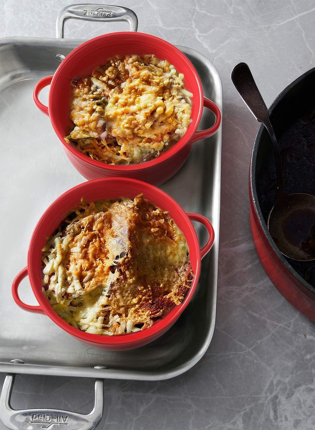 Soup Bowls with Handles - 28 Oz Lead-Free Ceramic French Onion Crocks, Oven and Microwave Safe, Heat-Resistant Design, Stackable, Dishwasher Safe, Set of 4, Red