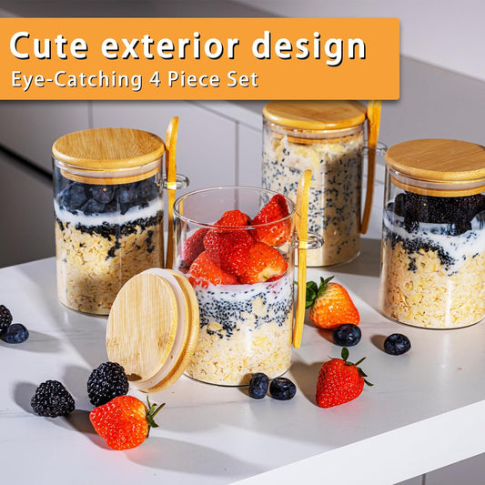 Overnight Oats Containers with Lids,16Oz Overnight Oats Jars 4 Pack, Oatmeal Cups,Meal Prep Containers,Glass Meal Prep Containers with Lids,China Pudding Jars