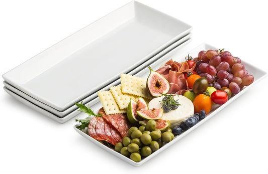Serving Platters and Tray White Serving Dishes for Entertaining 14-Inch Large Rectangle Plates for Christmas, Porcelain Serving Trays for Steak, Taco, Sushi, Appetizer, Party, Set of 4