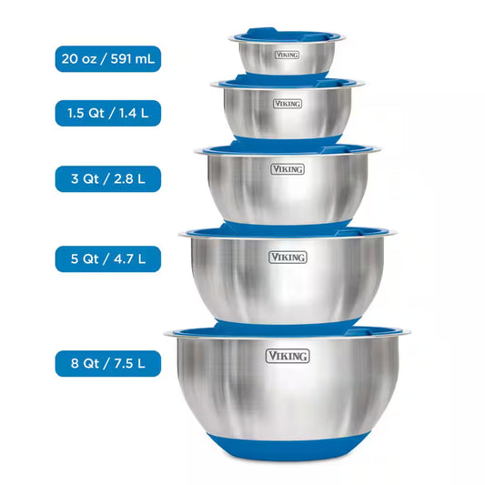 Stainless Steel 10Piece Mixing Bowl Set with Lids and Silicone Nonslip Base, Blue