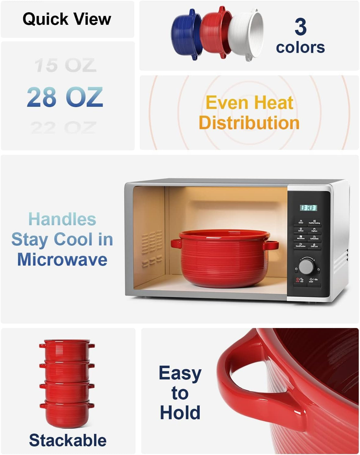 Soup Bowls with Handles - 28 Oz Lead-Free Ceramic French Onion Crocks, Oven and Microwave Safe, Heat-Resistant Design, Stackable, Dishwasher Safe, Set of 4, Red