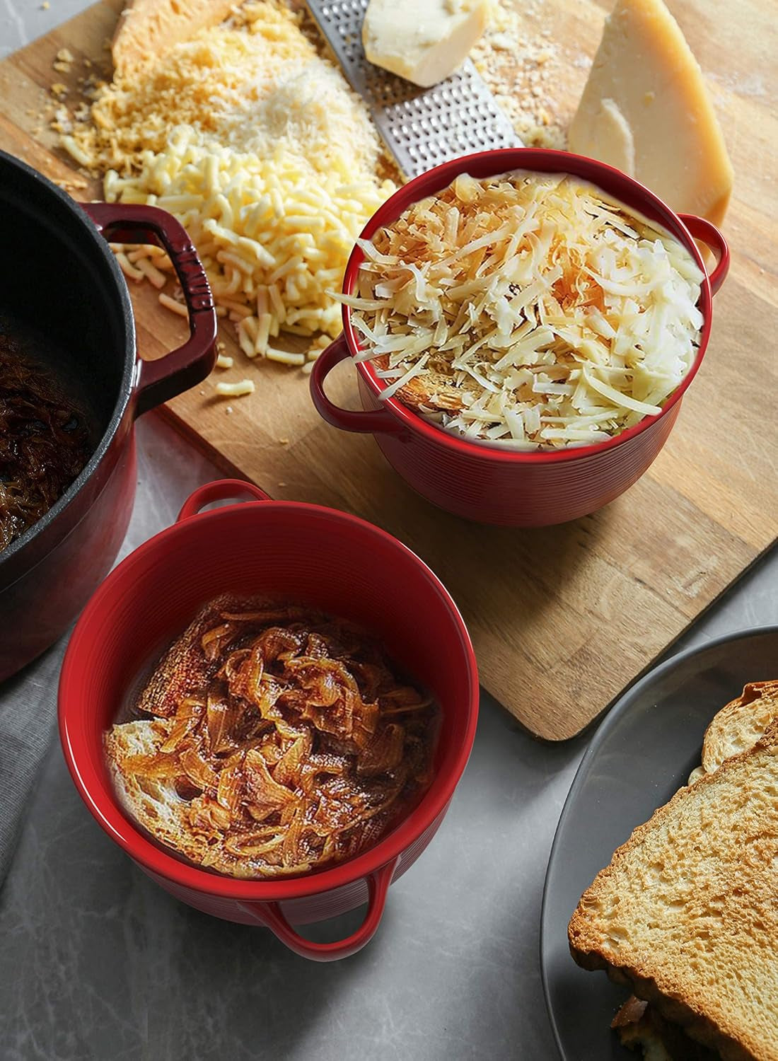 Soup Bowls with Handles - 28 Oz Lead-Free Ceramic French Onion Crocks, Oven and Microwave Safe, Heat-Resistant Design, Stackable, Dishwasher Safe, Set of 4, Red