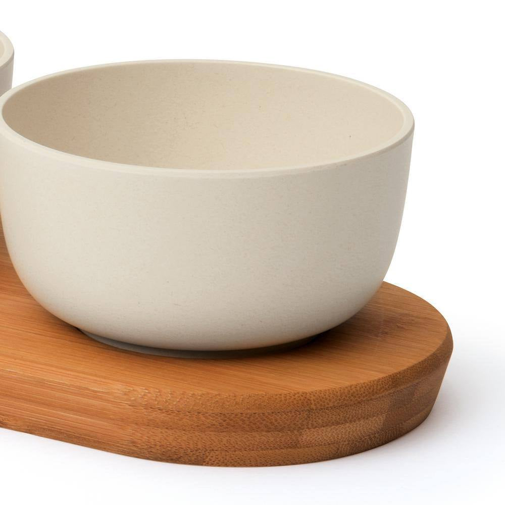 Leo 0.29 Qt. 3-Piece Beige Bamboo Bowl Set with Serving Tray