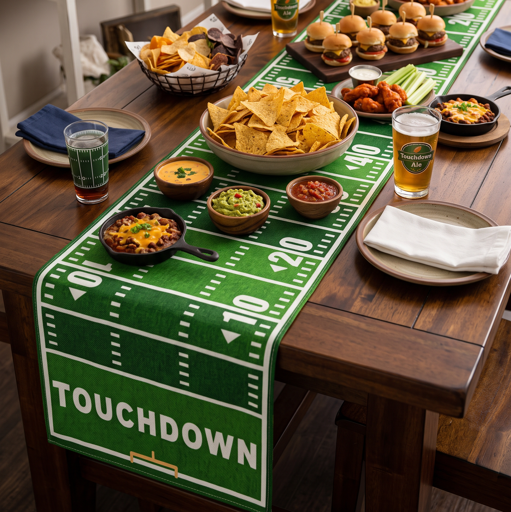 A football-themed table runner with 'TOUCHDOWN' printed in white on a green turf-style design, styled on a wooden dining table with food, drinks, plates, and a small sign reading 'GAME DAY GRUB'.