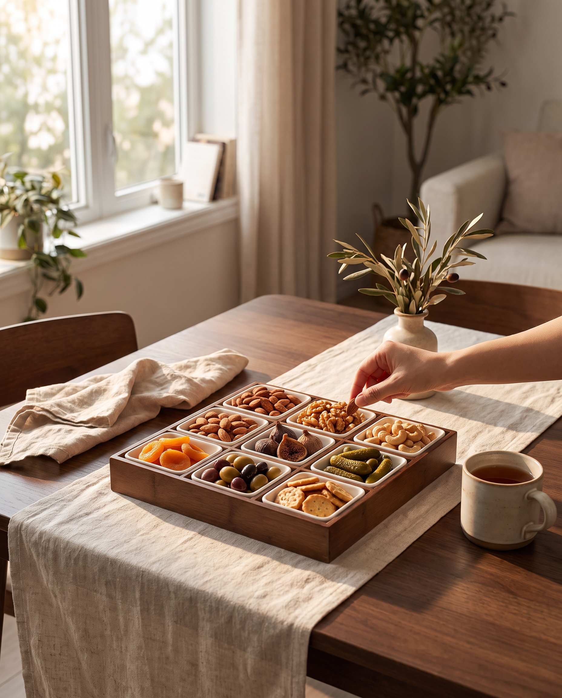 Sectioned Serving Tray w/ Ceramic Dishes
