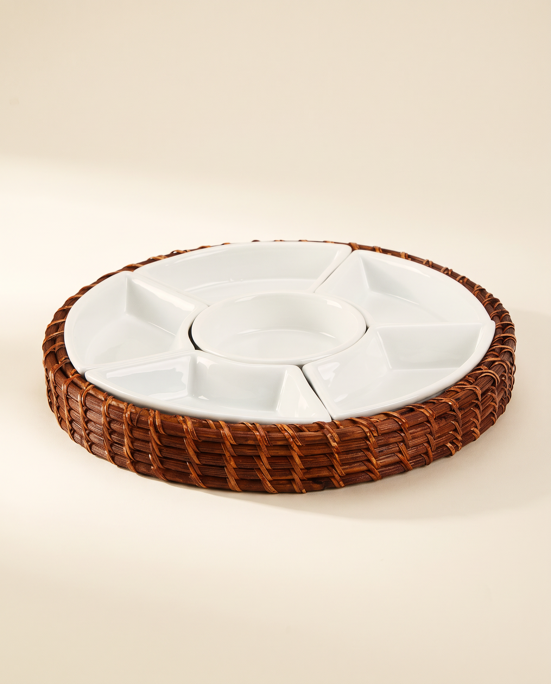 Rattan Rim Six-Compartment Serving Tray