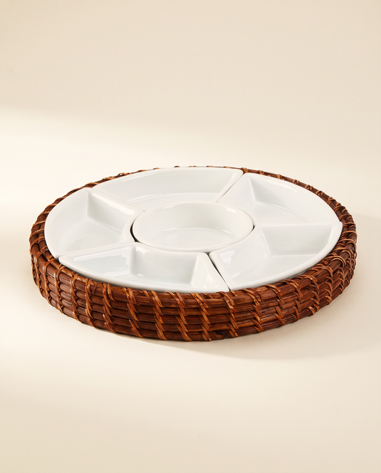 Rattan Rim Six-Compartment Serving Tray