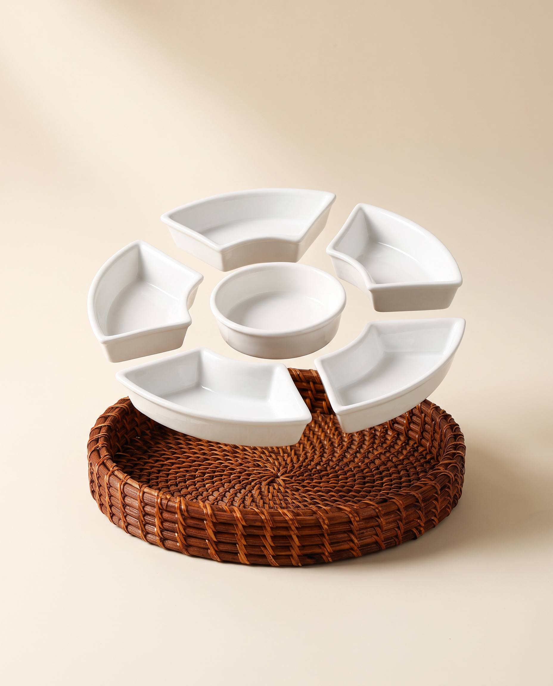 Rattan Rim Six-Compartment Serving Tray