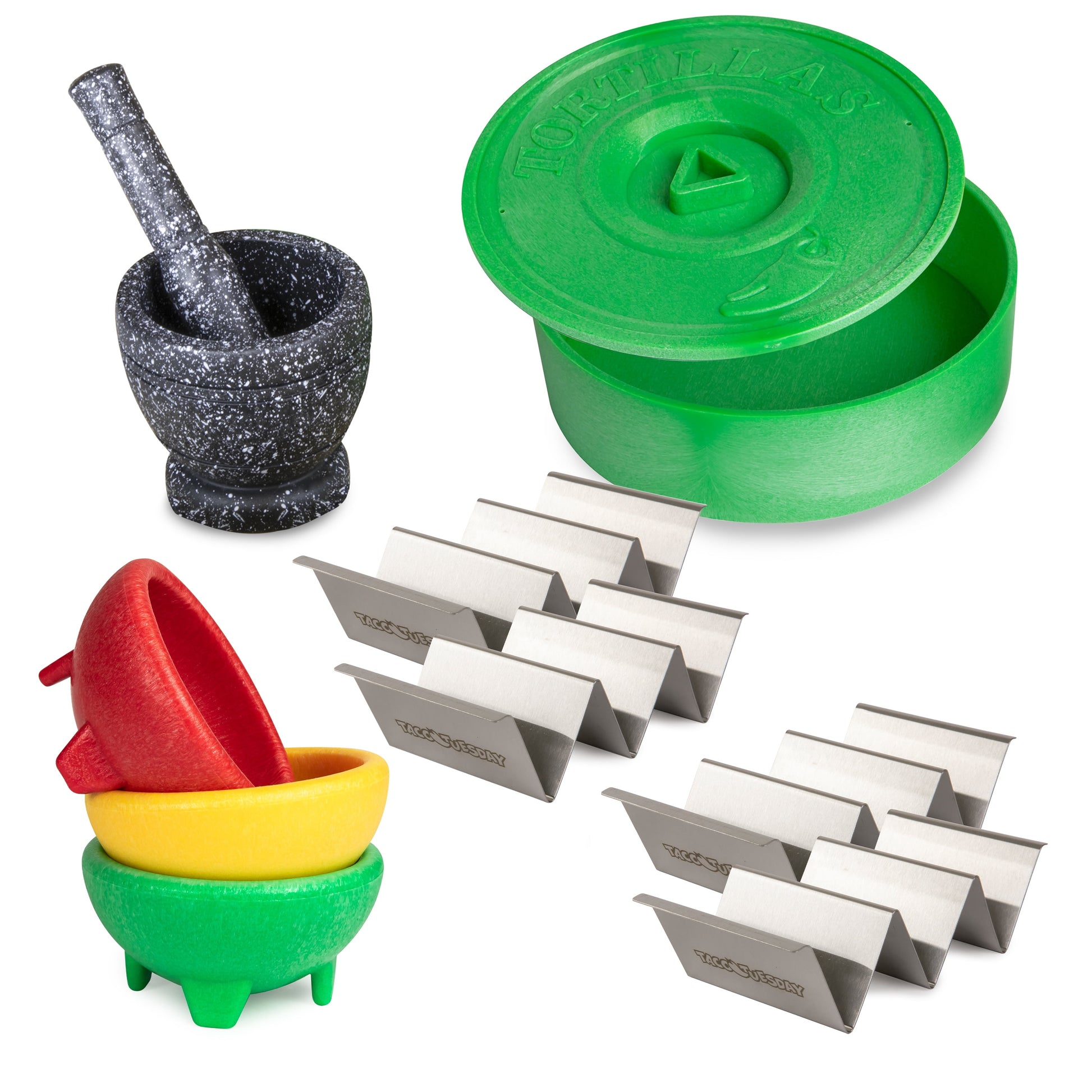 TTTK4 Taco Kit, Includes Tortilla Warmer, 3 Salsa Bowls, 4-Set Taco Shell Holders, Mortar & Pestle
