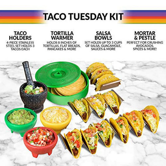 TTTK4 Taco Kit, Includes Tortilla Warmer, 3 Salsa Bowls, 4-Set Taco Shell Holders, Mortar & Pestle