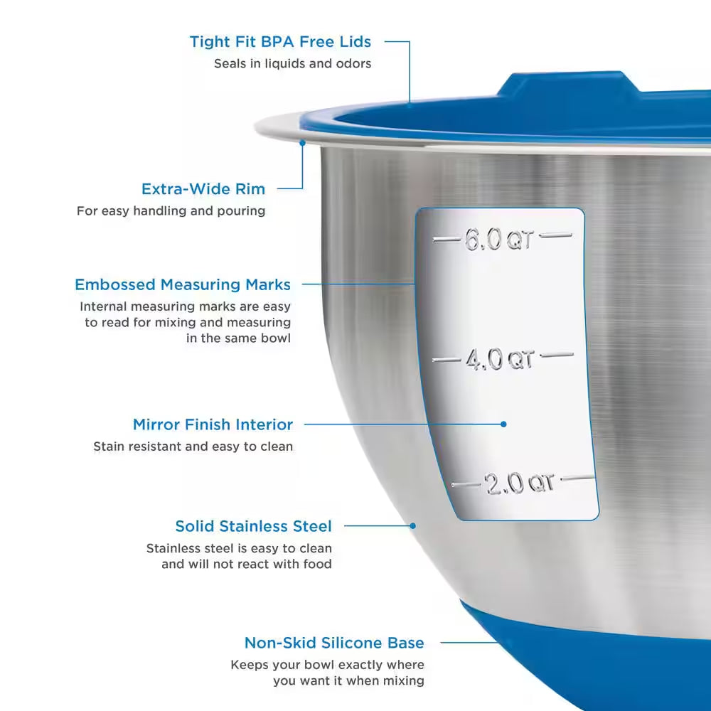 Stainless Steel 10Piece Mixing Bowl Set with Lids and Silicone Nonslip Base, Blue