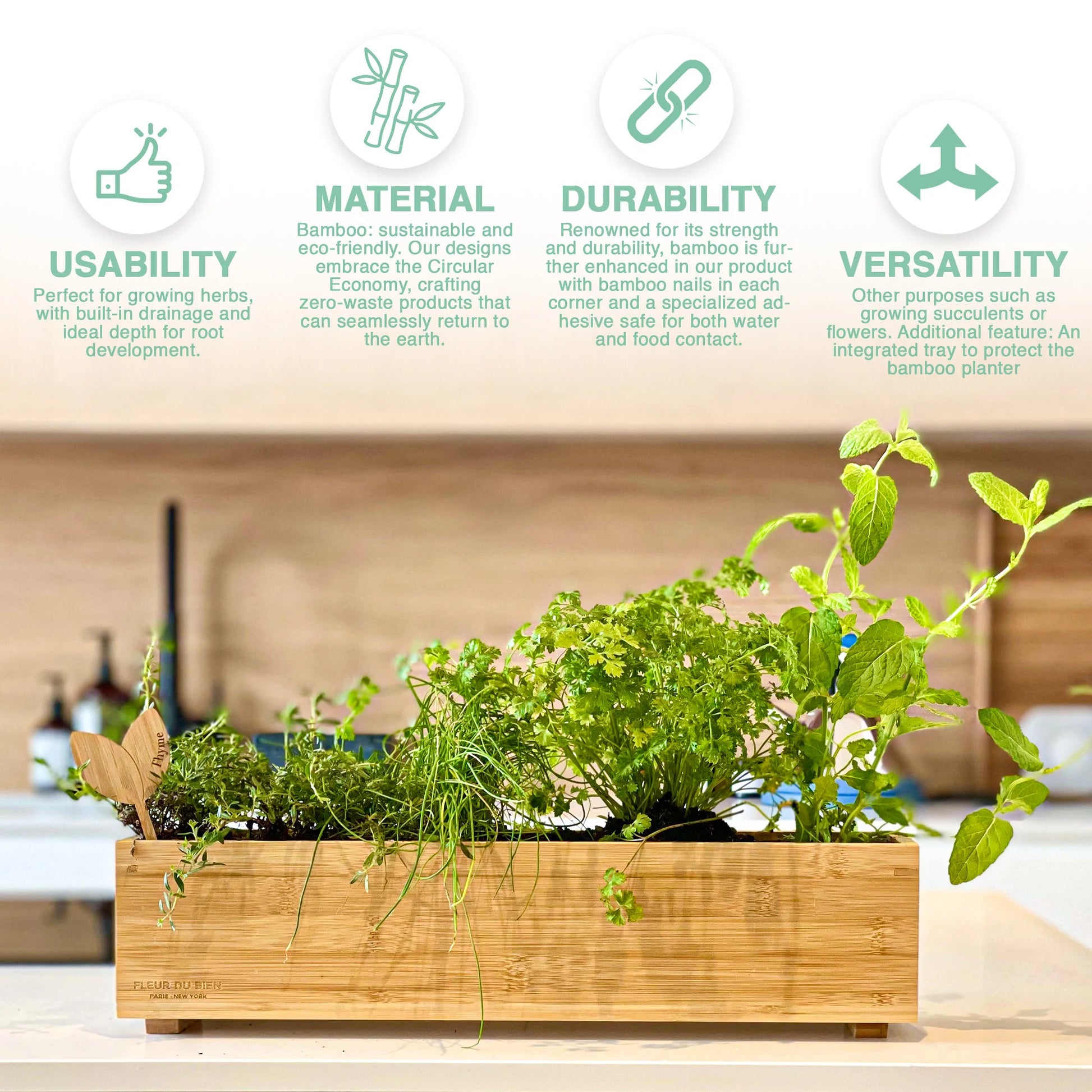 FLEUR DU BIEN Indoor Herb Garden Kit + Planter, 6 Herb Seed Packs, Window Gardening Set Plant Marker, Biodegradable Growing Pots, Soil Disc