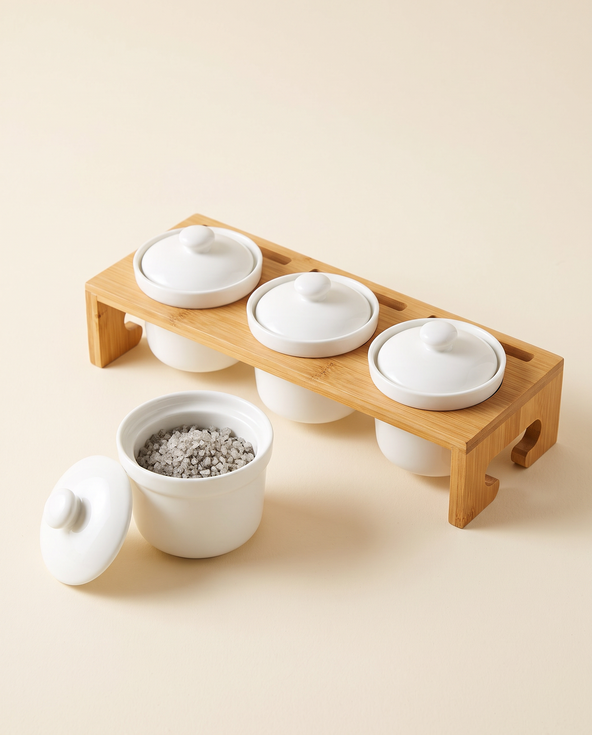 Ceramic Seasoning Jars with Stand - Exploded Shot, One Jar Open