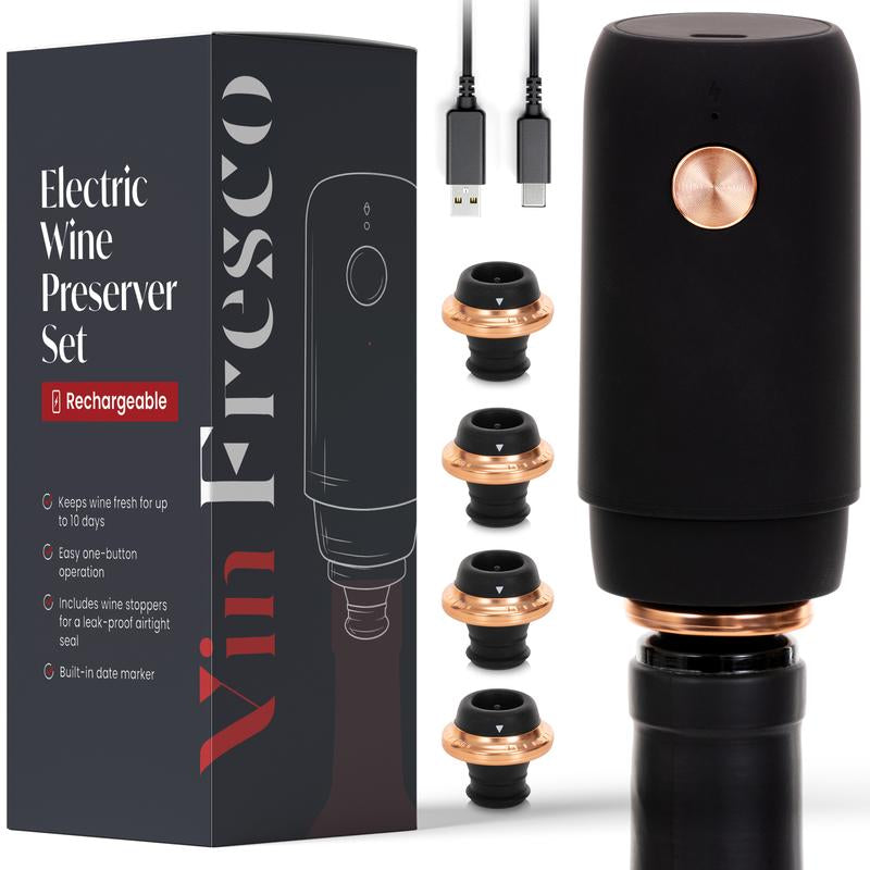 10-Day Electric Wine Preserver – Rechargeable Vacuum Pump with 4 Silicone Stoppers – Automatic Airtight Seal