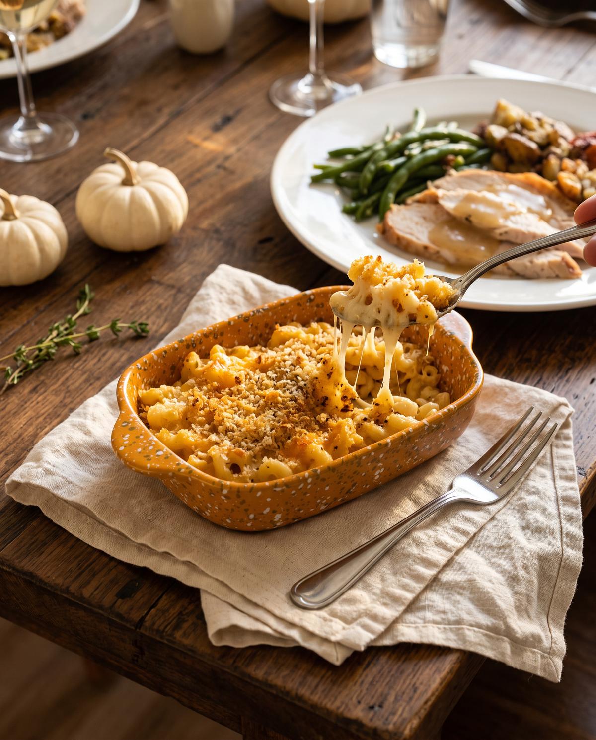 Pumpkin splatterware baking dish filled with baked mac and cheese on a Thanksgiving table