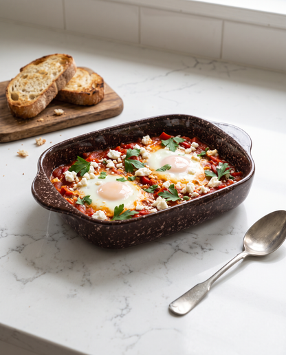 Espresso splatterware baking dish of baked eggs in tomato sauce on a white quartz countertop