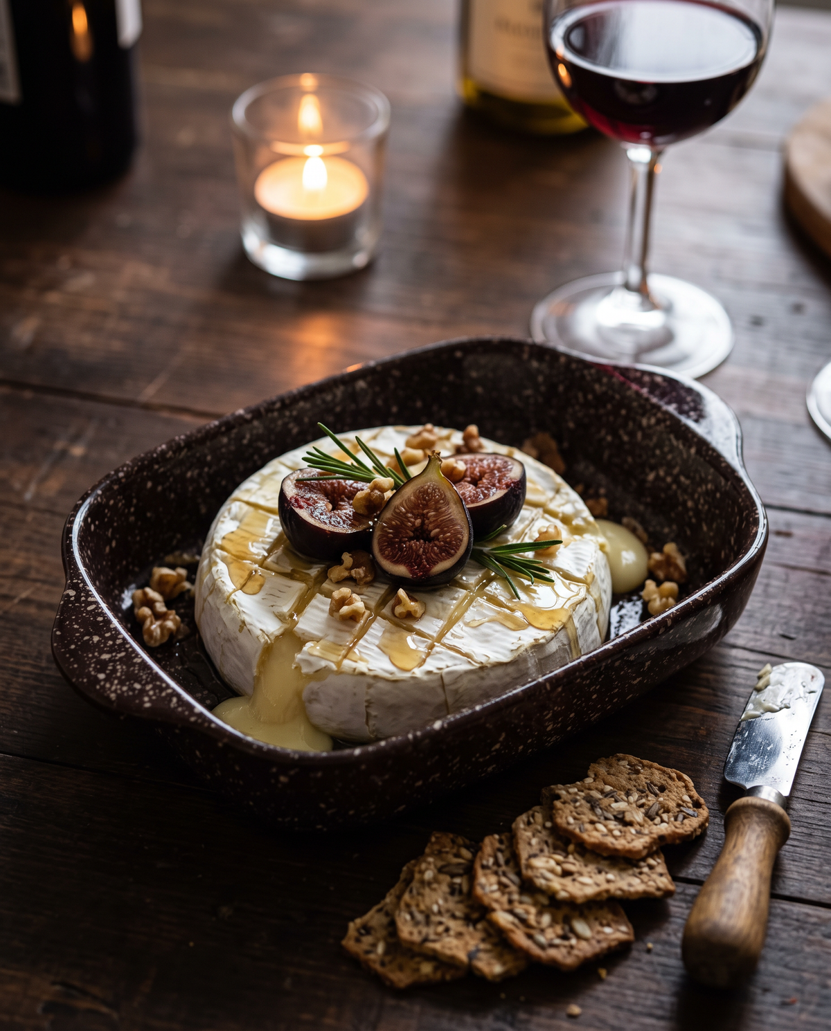 Espresso splatterware baking dish with baked brie, figs and honey next to red wine