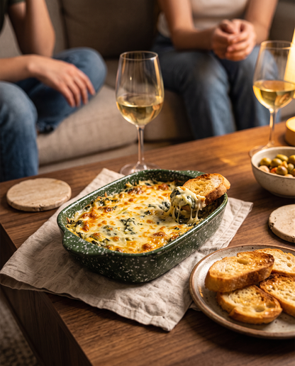 Forest Green splatterware baking dish with hot spinach artichoke dip and toasted bread