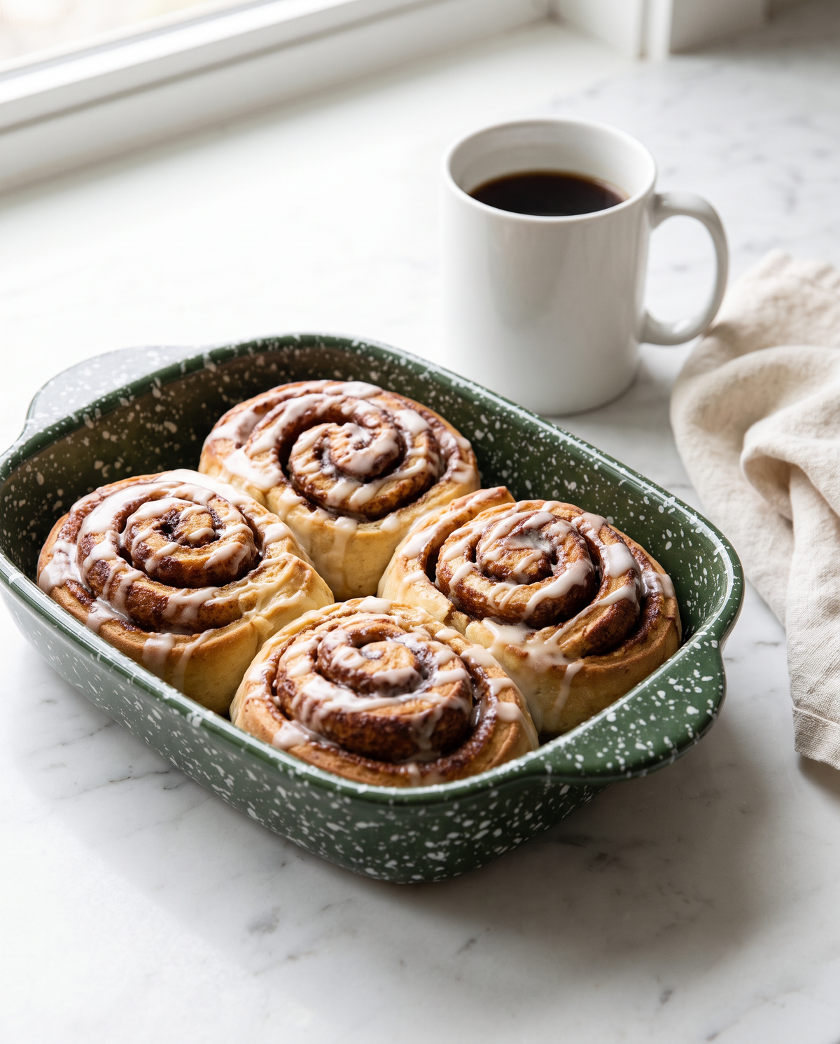 Forest Green splatterware baking dish of cinnamon rolls on a white marble countertop