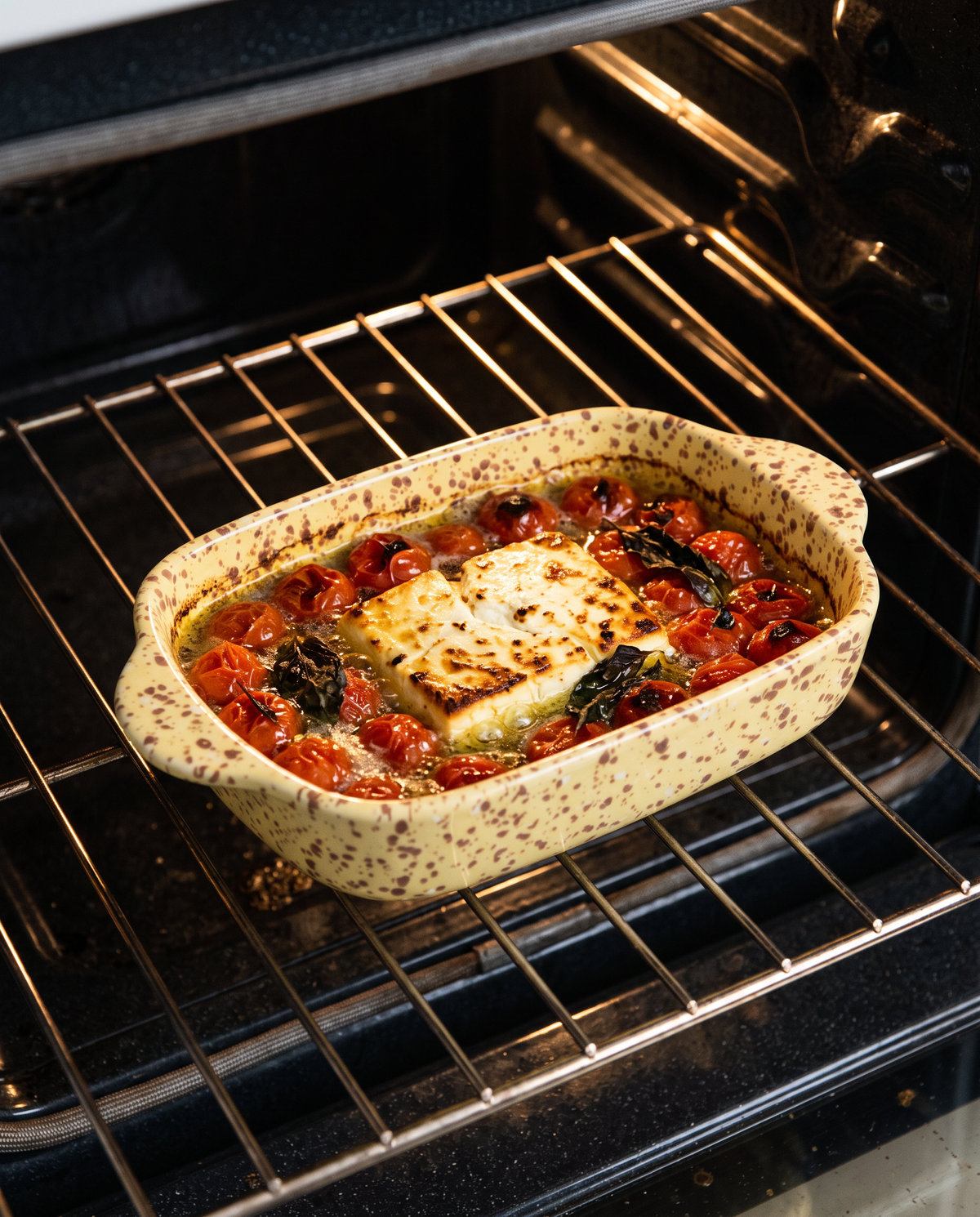 Custard splatterware baking dish of baked feta and cherry tomatoes on an oven rack