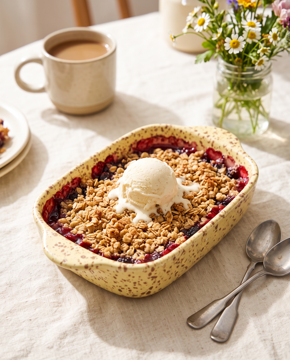 Custard splatterware baking dish with berry crumble and a scoop of vanilla ice cream