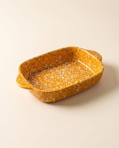 Splatterware ceramic baking dish in Pumpkin glaze