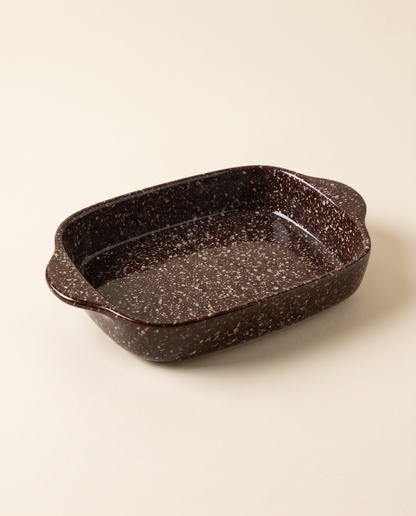 Splatterware ceramic baking dish in Espresso glaze