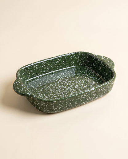 Splatterware ceramic baking dish in Forest Green glaze